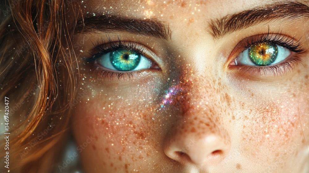 Astral traveler close-up with a cosmic aura, swirling galaxies within her irises, ultra-HD. Astral traveler close-up with a cosmic aura, swirling galaxies within her irises, ultra-HD.