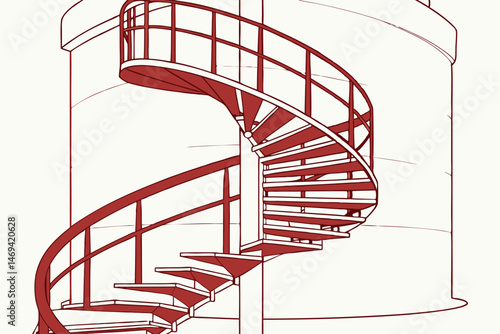 13 red, spiral staircase, modern, industrial, architectural, clean lines, minimalist, isolated, white background
