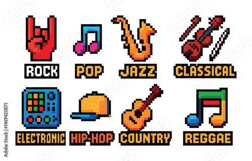 Music genre pixel art icons set – digital, retro, melody symbols for playlists