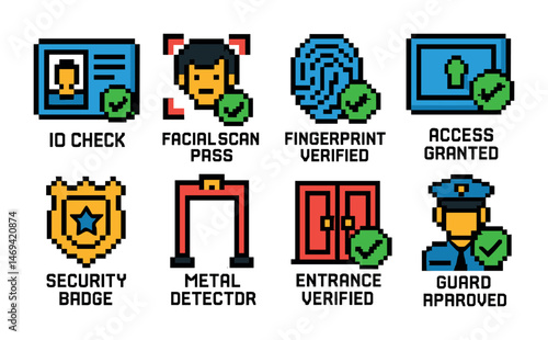 Security and access pixel art icons set – surveillance, verification symbols