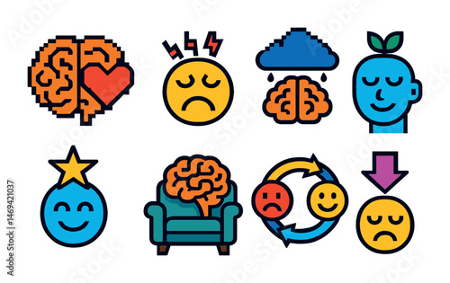 Mental health pixel art icons set – therapy, self-care, wellness symbols
