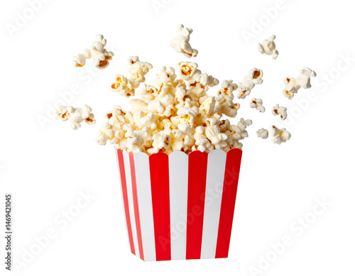 Isolated popcorn bucket with flying kernels snack for movie night transparent PNG cutout
