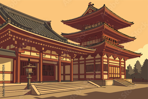 14 byakko style traditional japanese buddhist temple, highly detailed architectural rendering, intricate design, symmetry, warm colors, golden accents, dramatic lighting, photorealistic, 8k