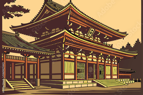 14 byakko style traditional japanese buddhist temple, highly detailed architectural rendering, intricate design, symmetry, warm colors, golden accents, dramatic lighting, photorealistic, 8k