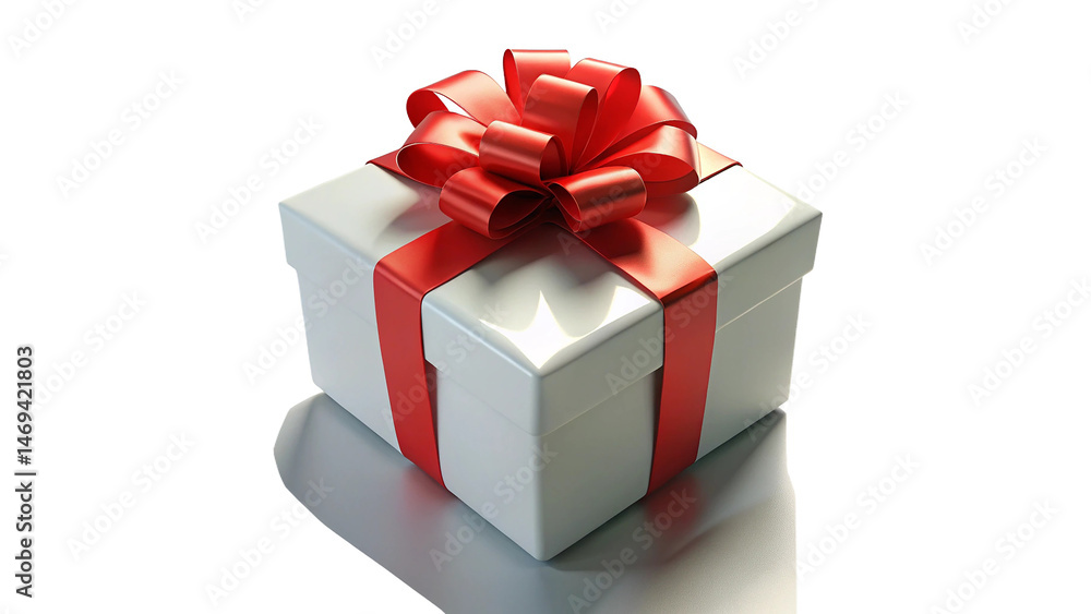 White gift box decorated with red ribbon and bow isolated on white background White gift box decorated with red ribbon and bow isolated on white background