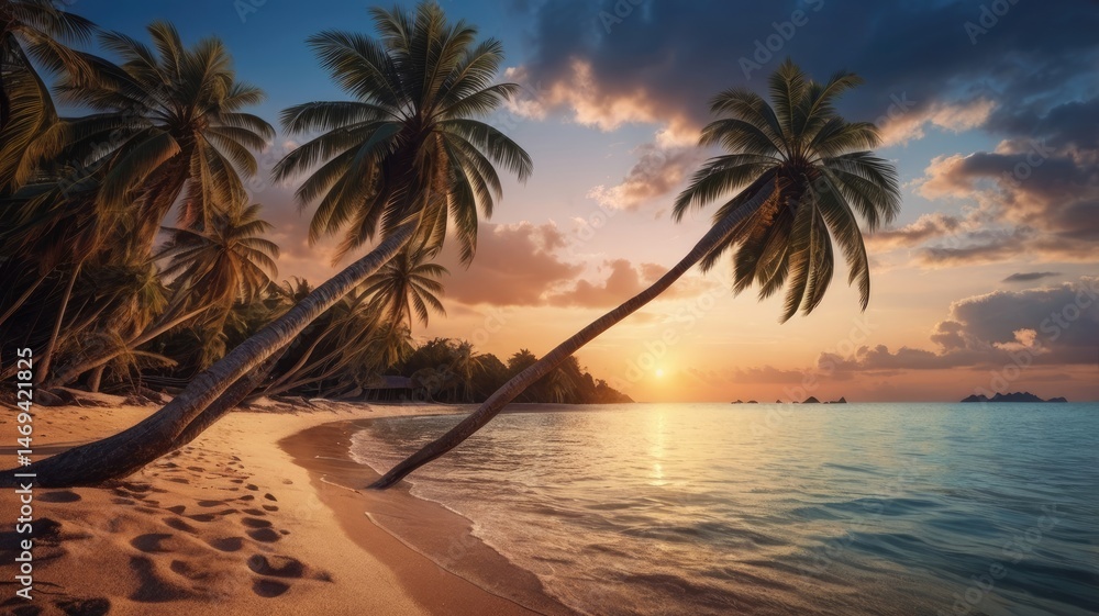 Silhouetted Palm Trees on Tropical Beach at Sunset