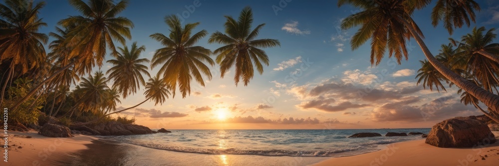 Silhouetted Palm Trees with Sunset Glow on Tropical Beach