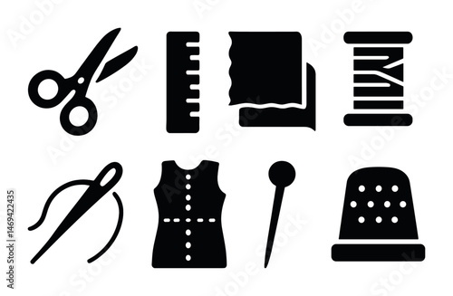 Sewing and tailoring solid icons set – silhouette, crafting, design tools symbols