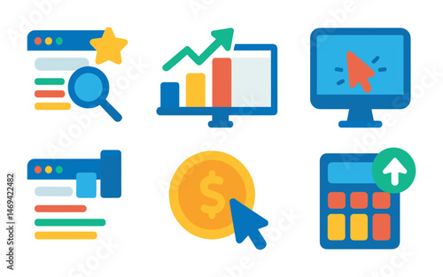 Business and finance icons set – flat, solid, data and analytics graphics
