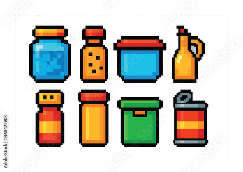 Retro pixel art containers and jars for digital and print design projects