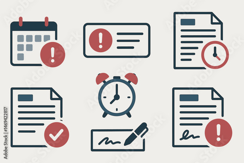 Deadline and reminder flat icons set – task, schedule, alert management graphics