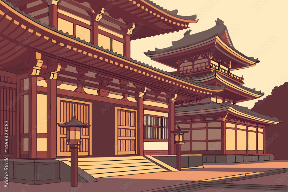 Obraz premium 14 byakko style traditional japanese buddhist temple, highly detailed architectural rendering, intricate design, symmetry, warm colors, golden accents, dramatic lighting, photorealistic, 8k