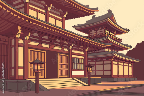 14 byakko style traditional japanese buddhist temple, highly detailed architectural rendering, intricate design, symmetry, warm colors, golden accents, dramatic lighting, photorealistic, 8k