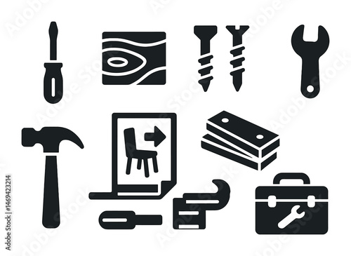 Construction and repair solid icons set – tools, hardware, building symbols