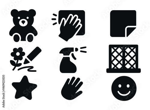 Cleaning and hygiene solid icons set – filled, sanitation, neatness symbols