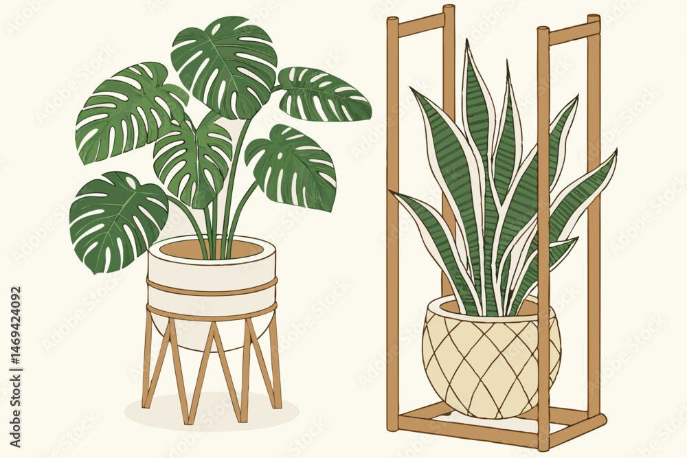 Obraz premium 15 wooden plant stands with tropical foliage, monstera, snake plant, pothos, indoor plants in woven rattan pots, natural wood, minimalist, clean, bright lighting, studio shot, high quality, detailed