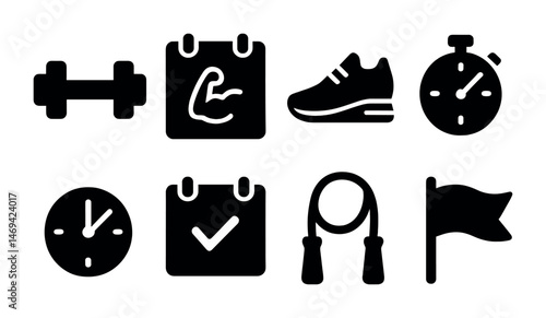 Fitness and gym icons set – solid, silhouette, workout and training symbols