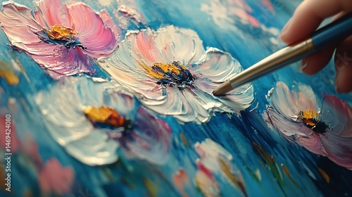 Impasto Floral Painting in Progress: Artist's Hand and Brushstrokes