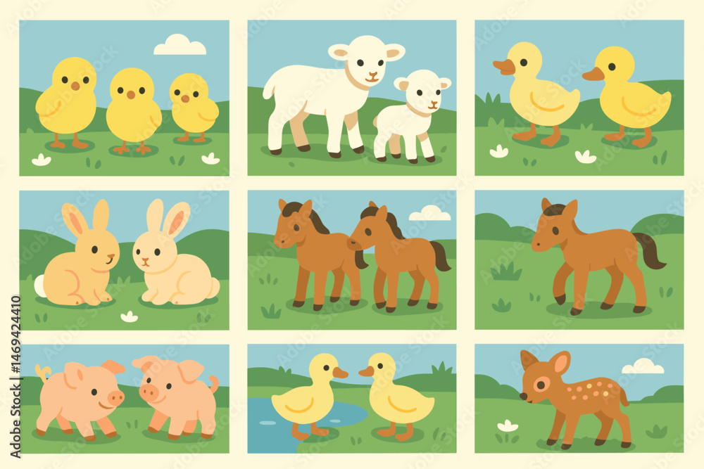 Fototapeta premium Farm animals icons set – flat, cute, cartoon and adorable farmyard graphics