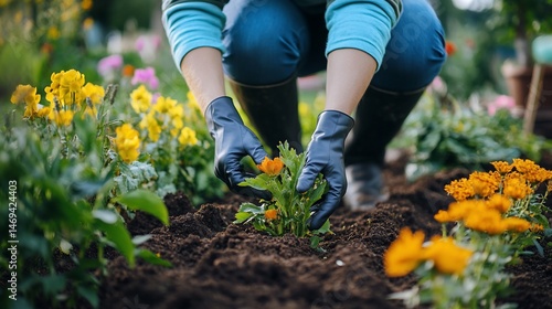 Hands carefully planting vibrant orange flower in a blossoming spring garden