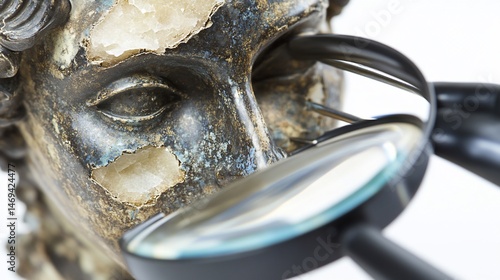 Examining the Antique: Magnifying Glass Reveals Details of Fragmented Statue