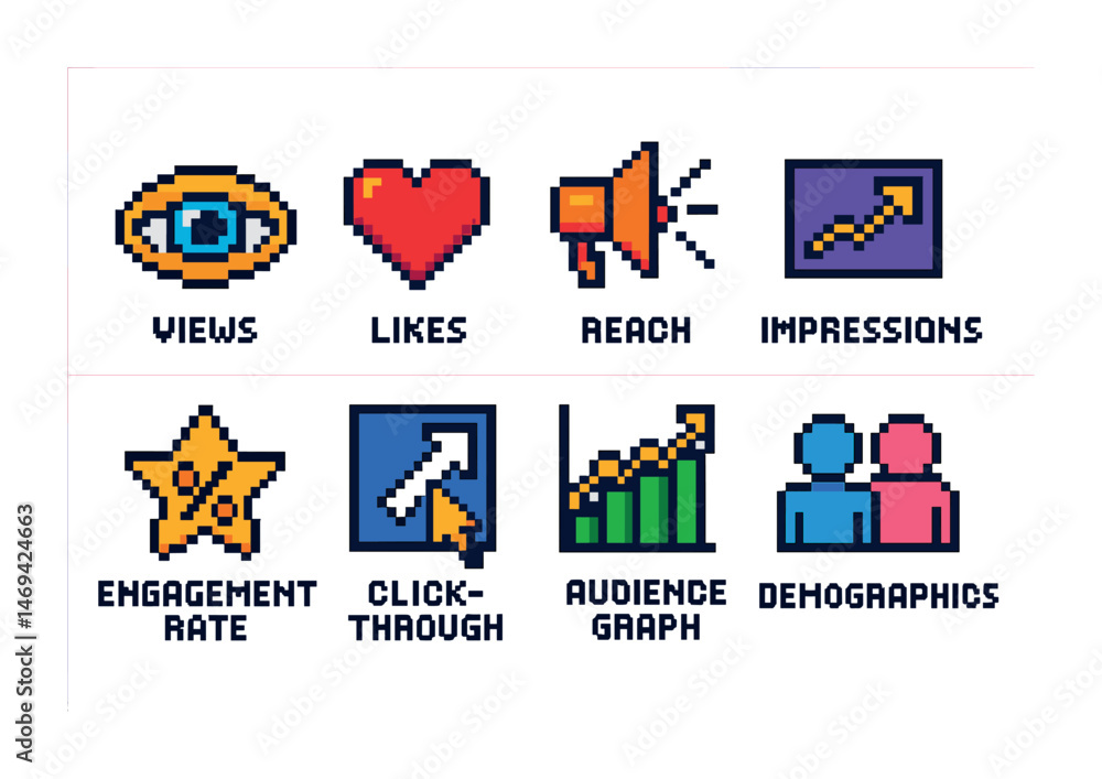 Fototapeta premium Social media analytics pixel art icons set – colorful, digital marketing symbols