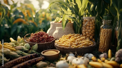 Abundance of Harvested Corn and Maize Displayed in a Rustic Setting