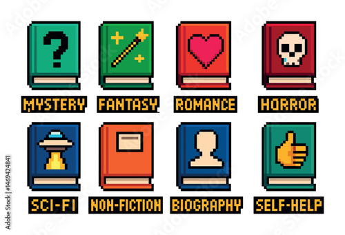 Book genre pixel art icons set – retro, gaming, and literature symbols