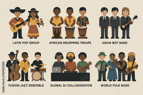 World music band flat icons set – silhouette, 3d, cultural and ensemble symbols