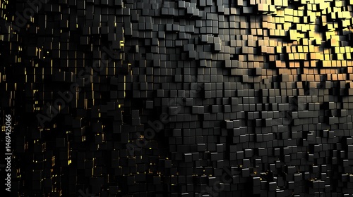 Massive schwarze Würfelwand mit goldenen Lichtern – modernes Techmuster  
