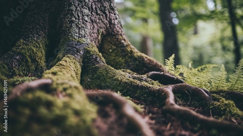 Moss-Covered Tree Roots in a Verdant Forest