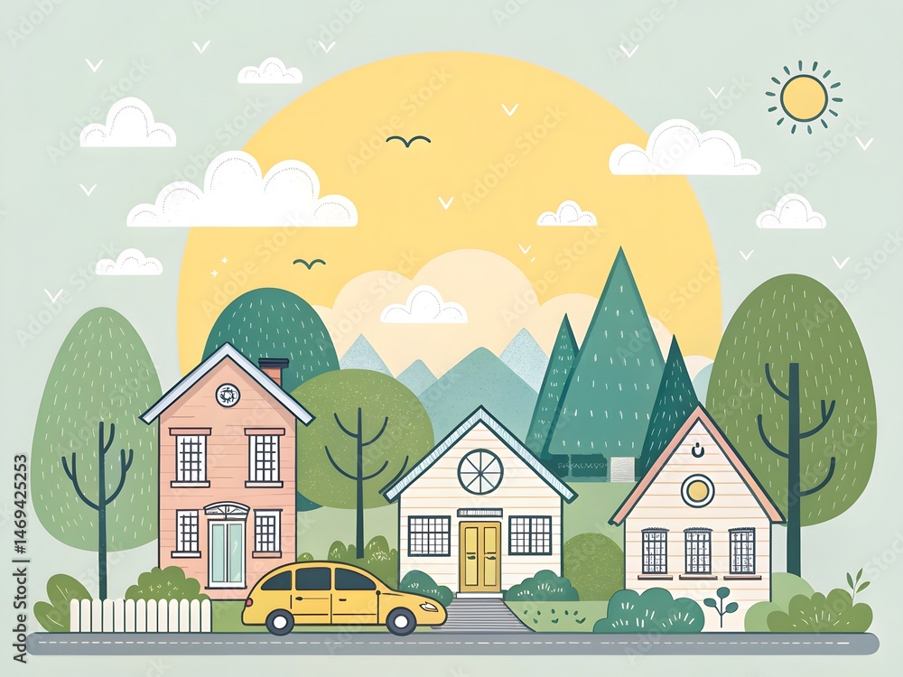 Naklejka premium Cute houses neighborhood illustration vector design for real estate ads