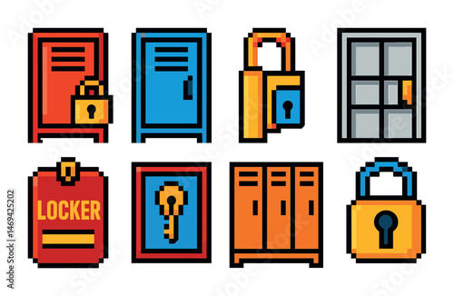 Security and lock pixel art icons set – lockers, keys, safety symbols