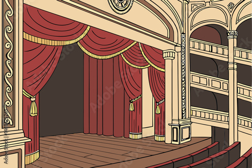 16 intricate theater stage, red velvet curtains, ornate curtain frame, wooden stage floor, dramatic lighting, high quality, detailed, realistic