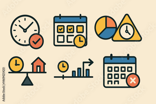 Time management and scheduling icons for business and organization