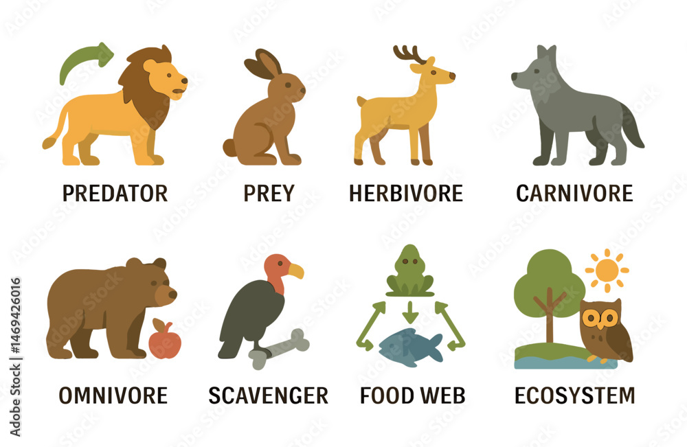 Animal classification icons set – flat, silhouette, predator, prey symbols Animal classification icons set – flat, silhouette, predator, prey symbols