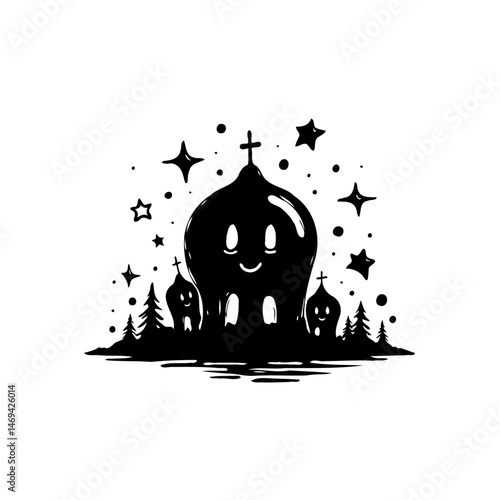 Whimsical Halloween Scene with Cartoonish Ghosts and Starry Night Silhouette