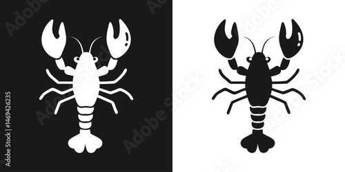 Minimalist vector illustration of a crawfish in black and white against two contrasting backgrounds