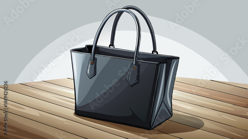 
A sleek and spacious black leather tote bag sits isolated on a light wooden floor, its soft folds and subtle sheen making it look luxurious.  white background