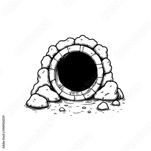 Mysterious dark opening in stone wall, an inviting entrance to unknown worlds