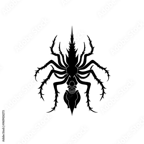 Detailed arachnid silhouette illustration with precise line work and stark contrast