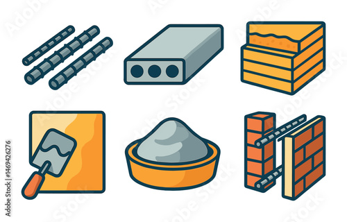 Building and construction icons set – isometric, tools, materials, industry symbols