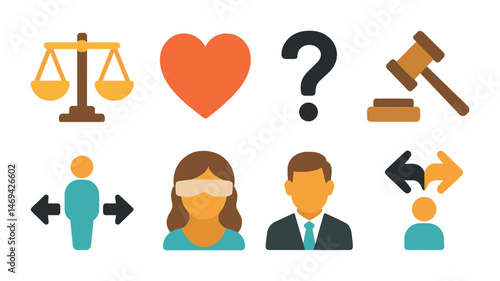 Legal and justice flat icons set – law, courtroom, attorney and legal symbols