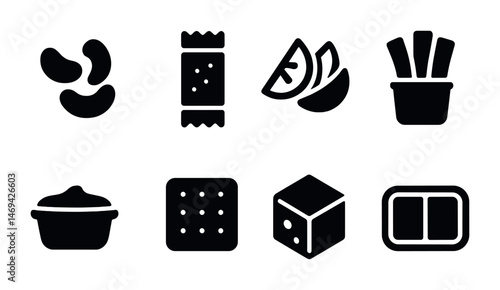 Healthy snack solid icons set – filled, silhouette, nutritious and diet symbols