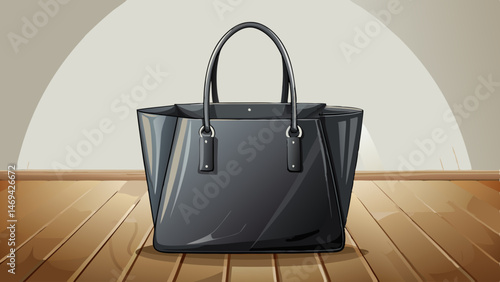 
A sleek and spacious black leather tote bag sits isolated on a light wooden floor, its soft folds and subtle sheen making it look luxurious.  white background