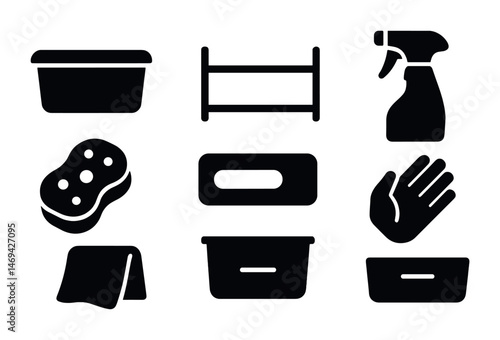 Cleaning supplies silhouette icons set – solid, filled, hygiene and sanitation symbols