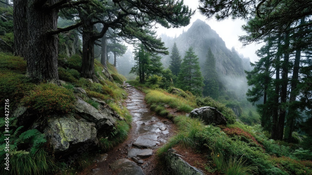 Obraz premium Foggy mountain path through pine forest nature scene serene environment tranquil viewpoint