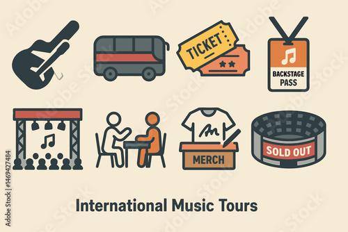 Music and concert flat icons set – tour, festival, band and gig symbols