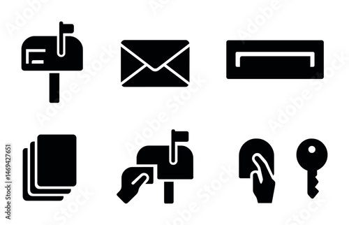 Postal and mail solid icons set – silhouette, filled, delivery and correspondence symbols