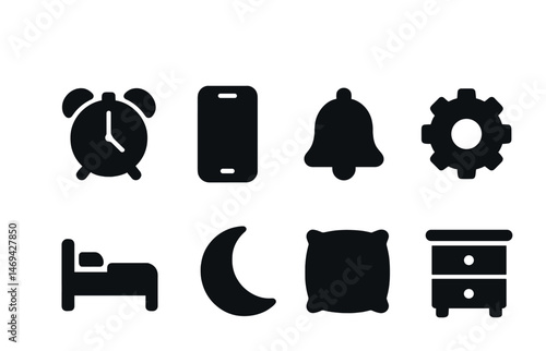Time and sleep icons set in solid style – alarm, night, bedtime symbols
